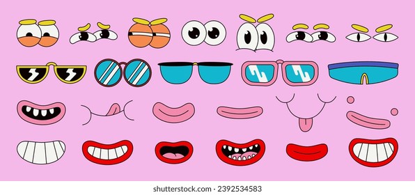 Set of 70s groovy comic vector. Collection of cartoon character faces in different emotions, glasses. Cute retro groovy hippie illustration for decorative, sticker