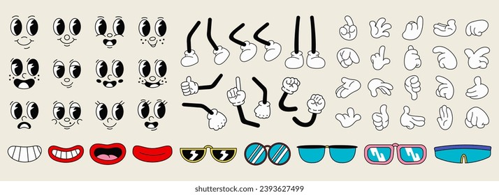 Set of 70s groovy comic vector. Collection of cartoon character faces in different emotions, hand, glove, glasses, shoes. Cute retro groovy hippie illustration for decorative, sticker