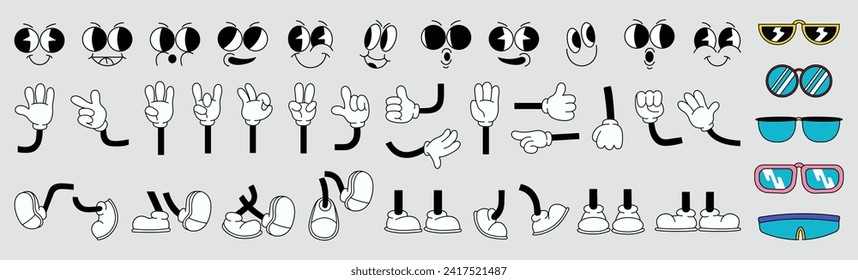 Set of 70s groovy comic vector. Collection of cartoon character faces in different emotions, hand, glove, glasses, shoes. Cute retro groovy hippie illustration for decorative, sticker