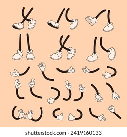 Set of 70s groovy comic vector. Collection of cartoon character leg, hand in different poses. Cute retro groovy hippie illustration for decorative, sticker.