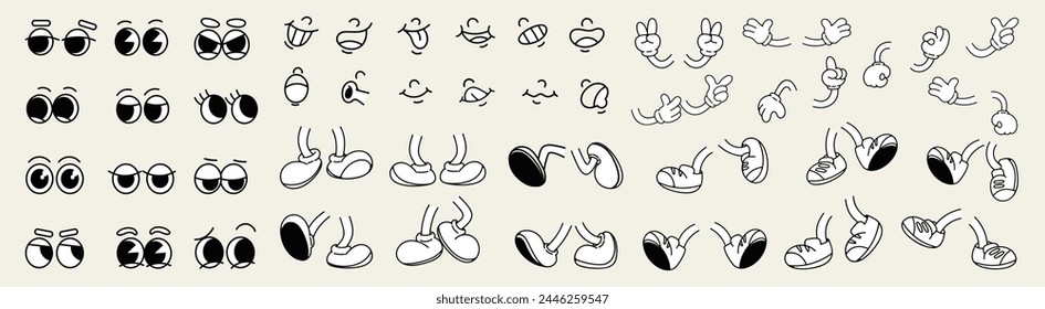 Set of 70s groovy comic vector. Collection of cartoon character faces in different emotions, hand, glove, shoes. Cute retro groovy hippie illustration for decorative, sticker.