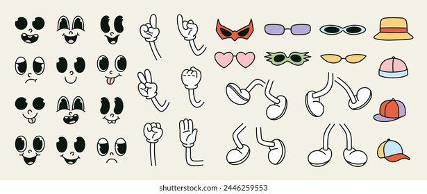 Conjunto de 70s Vector de cómic. Colección de caras de personajes de dibujos animados en diferentes emociones, mano, guante, gafas, sombrero, zapatos. Lindo retro groovy hippie ilustración para decorativo, pegatina.