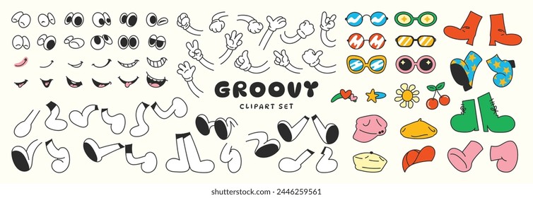 Set of 70s groovy comic vector. Collection of cartoon character faces in different emotions, hand, glove, glasses, hat, shoes. Cute retro groovy hippie illustration for decorative, sticker.