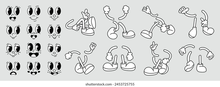 Set of 70s groovy comic vector. Collection of cartoon character faces in different emotions, hand, leg, shoes. Cute retro groovy hippie illustration for decorative, sticker
