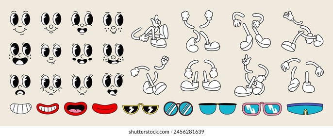 Conjunto de 70s Vector de cómic. Colección de caras de personajes de dibujos animados en diferentes emociones, mano, guante, gafas, zapatos. Cute retro hippie ilustración groovy para decorativo, pegatina