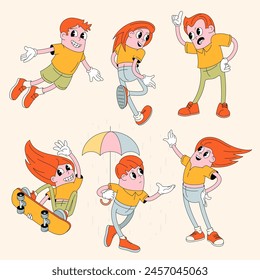 Set of 70s groovy comic vector characters. Collection of cartoon mascot with various emotions and poses. Cute retro groovy hippie illustration for decorative, stickers.