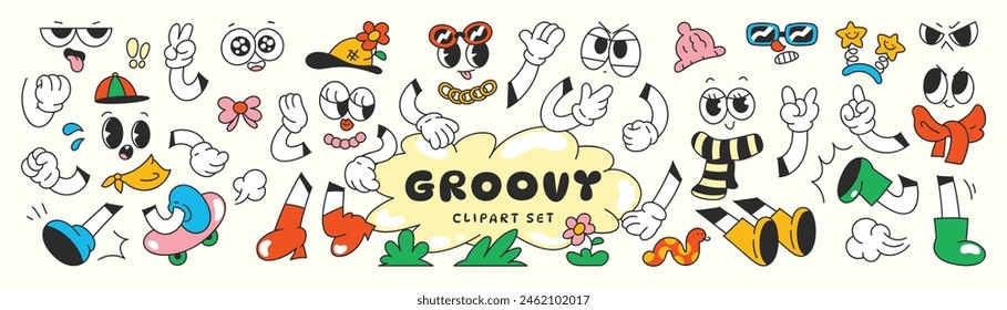 Set of 70s groovy comic vector. Collection of cartoon character faces in different emotions, hand, glove, glasses, hat, shoes. Cute retro groovy hippie illustration for decorative, sticker.