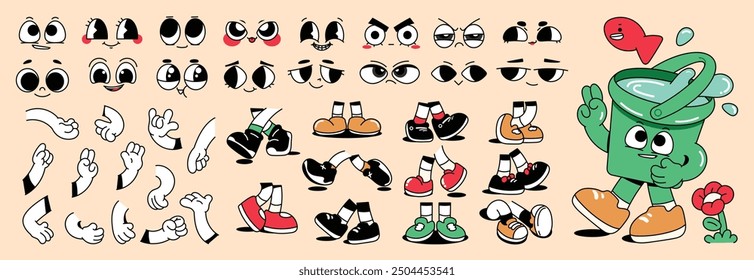 Conjunto de Vector cómico groovy de los años 70. Colección de caras de personajes de dibujos animados en diferentes emociones, tristes, felices con la mano, zapatos. Linda ilustración hippie groovy retro para decorativo, pegatina.