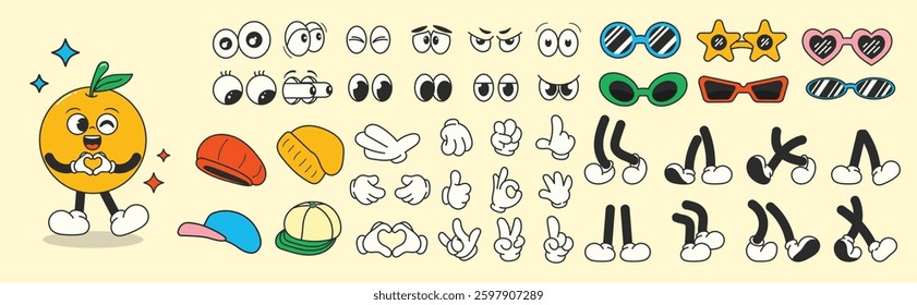 Set of 70s groovy comic vector. Collection of cartoon character faces in different emotions, hand, glove, glasses, hat, shoes. Cute retro groovy hippie illustration for decorative, sticker.