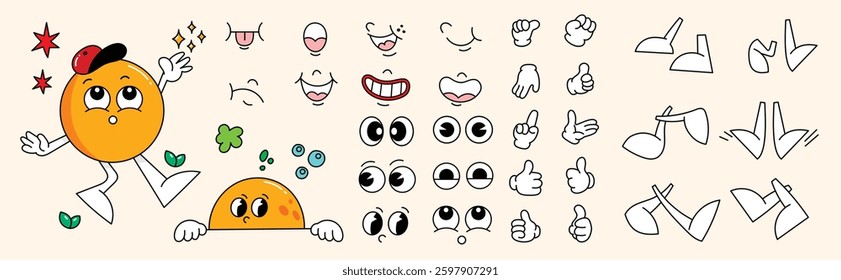 Set of 70s groovy comic vector. Collection of cartoon character faces in different emotions, hand, glove, glasses, hat, shoes. Cute retro groovy hippie illustration for decorative, sticker.