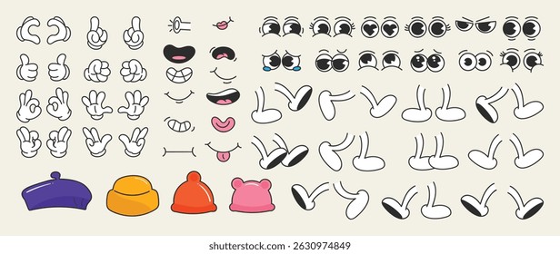 Conjunto de vetor de quadrinhos groovy dos anos 70. Coleção de personagens de desenhos animados rostos em diferentes emoções, olhos, boca, mão, luva, chapéu, sapatos. Ilustração hippie groovy retro bonito para decorativo, adesivo, crianças.