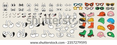 Set of 70s groovy comic vector. Collection of cartoon character faces in different emotions, hand, glove, glasses, hat, shoes. Cute retro groovy hippie illustration for decorative, sticker.