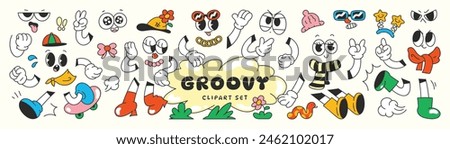 Set of 70s groovy comic vector. Collection of cartoon character faces in different emotions, hand, glove, glasses, hat, shoes. Cute retro groovy hippie illustration for decorative, sticker.