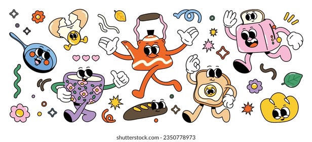 Set of 70s groovy element breakfast meal concept vector. Collection of cartoon character, doodle smile face, pan, bread, egg, kettle, toaster. Cute retro groovy hippie design for decorative, sticker.