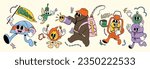 Set of 70s groovy element in camping concept vector. Collection of cartoon character, doodle smile face, bear, bonfire, lantern, camping tent. Cute retro groovy hippie design for decorative, sticker.