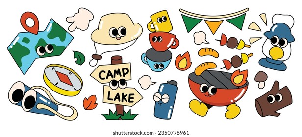 Set of 70s groovy element in camping concept vector. Collection of cartoon character, doodle smile face, lantern, flag,map, compass, binocular. Cute retro groovy hippie design for decorative, sticker.