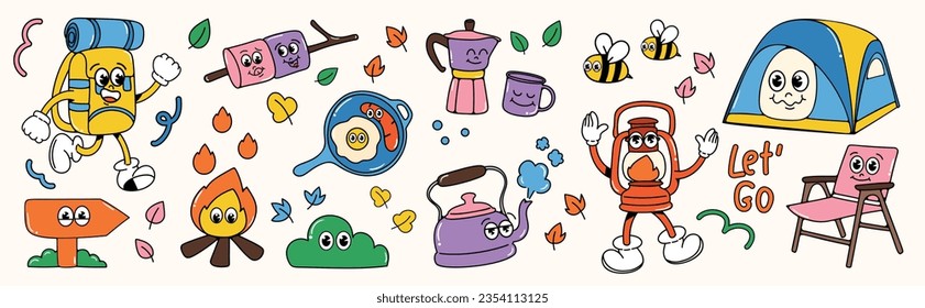 Set of 70s groovy element camping concept vector. Collection of cartoon character, doodle smile face, signpost, bonfire, chair, lantern. Cute retro groovy hippie design for decorative, sticker.