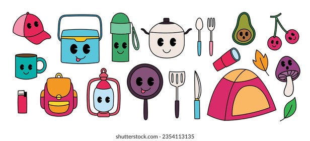 Set of 70s groovy element camping concept vector. Collection of cartoon character, doodle smile face, tent, pan, lighter, turner, lantern. Cute retro groovy hippie design for decorative, sticker.