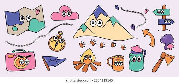 Conjunto de vector de concepto de acampar de elementos de groovy de los años 70. Colección de caricaturas, carátula de sonrisa, señalización, hoguera, mapa, montaña. Cute retro groovy diseño hippie para decorativo, pegatina.