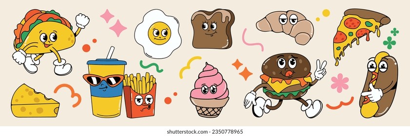 Set of 70s groovy element food and dessert concept vector. Collection of cartoon character, doodle smile face, tacos, croissant, sausage bread. Cute retro groovy hippie design for decorative, sticker.