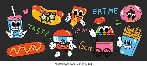 Conjunto de vectores de concepto de camión de alimentos de elementos de groovy de los años 70. Colección de caricaturas, carita de sonrisa, hamburguesa, pizza, donut, salchicha. Cute retro groovy diseño hippie para decorativo, pegatina.