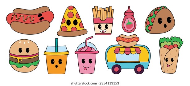 Set of 70s groovy element food truck concept vector. Collection of cartoon character, doodle smile face, hamburger, pizza, taco salad, smoothie. Cute retro groovy hippie design for decorative, sticker