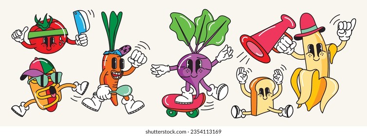 Set of 70s groovy element food and fruit concept vector. Collection of cartoon character, doodle smile face, tomato, banana, beetroot, sandwich. Cute retro groovy hippie design for decorative, sticker