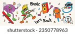 Set of 70s groovy element music concept vector. Collection of cartoon character, doodle smile face, speaker, dump, headphones, guitar. Cute retro groovy hippie design for decorative, sticker.