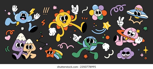 Conjunto de vector de concepto del sistema solar de elementos de groovy de los años 70. Colección de personajes de caricatura, carátula de sonrisa, estrella, mundo, saturn, brillo. Cute retro groovy diseño hippie para decorativo, pegatina.