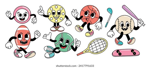 Conjunto de vector de concepto deportivo de elementos de groovy de los años 70. Colección de caricaturas, carátula de sonrisa, baloncesto, fútbol, tenis, golf. Cute retro groovy diseño hippie para decorativo, pegatina.