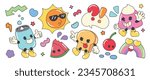 Set of 70s groovy element vector. Collection of cartoon characters, doodle smile face, sun, pudding, cherry, watermelon, rainbow, bread, can. Cute retro groovy hippie design for decorative, sticker.