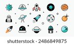 Set of 70s groovy element vector. Collection of cartoon character, doodle smile face, UFO, UAP, alien, spaceship, rocket, saturn, cow. Cute retro groovy hippie design for decorative, sticker, kids.