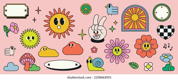 Conjunto de vector de elementos de groovy de los años 70. Colección de la cara de sonrisa de doodle, flor, labios, gafas de sol, corazón, signo de mano, bus, planeta, marca de trueno. Cute retro groovy diseño hippie para decorativo, pegatina.