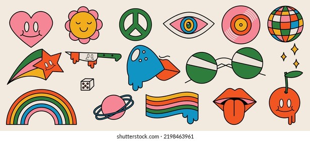 Conjunto de vector de elementos de groovy de los años 70. Colección de carita de sonrisa de doodle, flor, labios, corazón, gafas de sol, planeta, bola de disco, arcoiris, cereza, paz. Cute retro groovy diseño hippie para decorativo, pegatina.