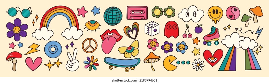 Set 70s groovy element vector  Collection flowers  mushroom  rainbow  tape  eyes  lips  thunder  smile face  glasses  Cute retro groovy hippie element design for decorative  sticker  prints 
