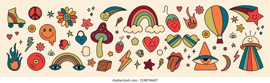 Set of 70s groovy element vector. Collection of flowers, mushroom, rainbow, UFO, eyes, lips, thunder, smile face, heart, star. Cute retro groovy hippie element design for decorative, sticker, prints.