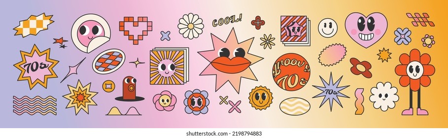 Set 70s groovy element vector gradient background  Collection smile face  flowers  star  heart  trippy grid  shapes  Cute retro groovy hippie element design for decorative  sticker  prints 
