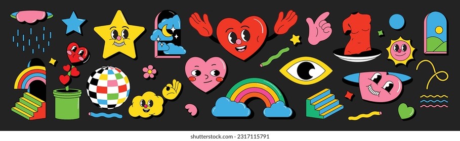 Conjunto de vector de elementos de groovy de los años 70. Colección de personajes de caricatura, rostro de sonrisa garrapata, flor, estatua, corazón, estrella, arcoiris, ojo, montaña. Cute retro groovy diseño hippie para decorativo, pegatina.