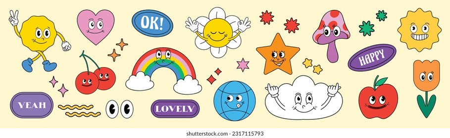 Set of 70s groovy element vector. Collection of cartoon characters, doodle smile face, flower, tulip, rainbow, speech bubble, cherry, apple. Cute retro groovy hippie design for decorative, sticker.