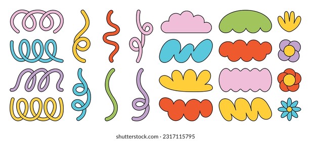 Set of 70s groovy element vector. Collection of abstract shapes, flowers, lines, scribbles, stripes, doodle ropes, banner for text. Cute retro groovy hippie illustration for decorative, sticker.