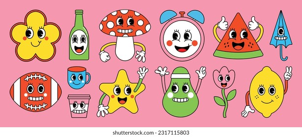 Set of 70s groovy element vector. Collection of cartoon characters, doodle smile face, flower, lemon, mushroom, star, bottle, cups, clock. Cute retro groovy hippie design for decorative, sticker.