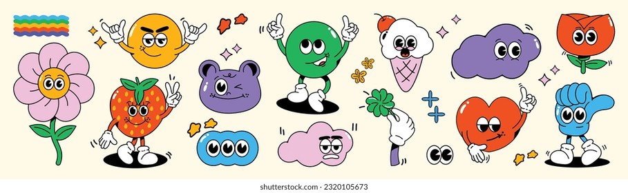 Conjunto de vector de elementos de groovy de los años 70. Colección de personajes de caricatura, rostro de sonrisa garabato, flor, fresa, helado, corazón, bola, burbuja. Cute retro groovy diseño hippie para decorativo, pegatina.