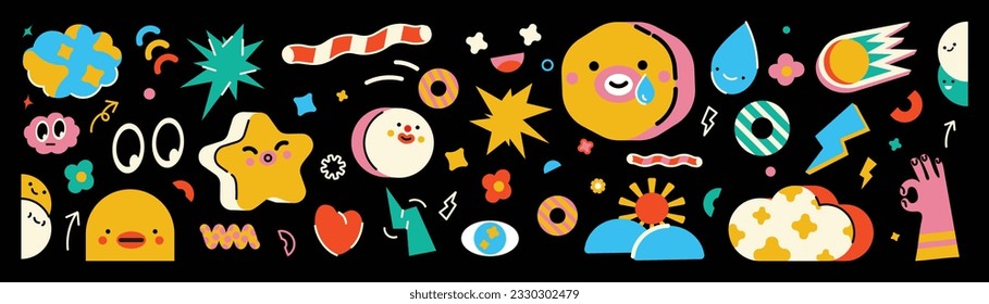 Set of 70s groovy element vector. Collection of cartoon characters, doodle faces, star, hand, flowers, eyes, sparkles, shapes, cloud. Cute retro groovy hippie design for decorative, sticker.