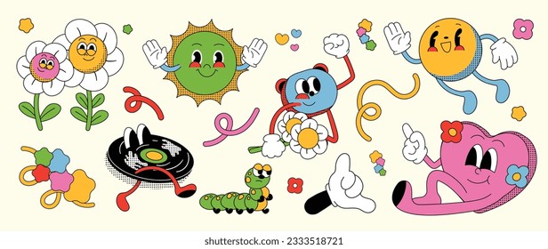 Conjunto de vector de elementos de groovy de los años 70. Colección de personajes de caricatura, carátula de sonrisa, corazón, gusano, disco, sol, oso, flor, estrella. Cute retro groovy diseño hippie para decorativo, pegatina.