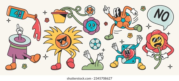 Conjunto de vector de elementos de groovy de los años 70. Colección de personajes de caricatura, carátula de sonrisa, botella, jarrón, flor, bola, sol, nube, burbuja de habla. Cute retro groovy diseño hippie para decorativo, pegatina.