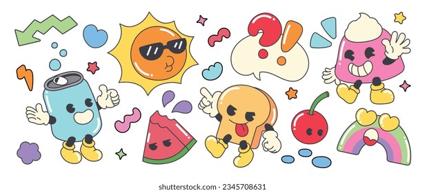 Conjunto de vector de elementos de groovy de los años 70. Colección de personajes de caricatura, rostro de sonrisa garrapata, sol, pudín, cereza, sandía, arcoiris, pan, lata. Cute retro groovy diseño hippie para decorativo, pegatina.