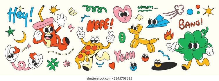 Set of 70s groovy element vector. Collection of cartoon characters, doodle smile face, pizza, balloon, heart, cup, rocket, leaf, star, moon. Cute retro groovy hippie design for decorative, sticker.