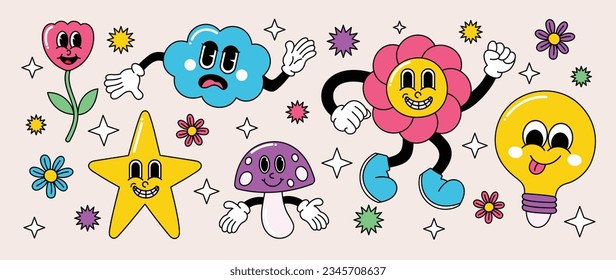 Set of 70s groovy element vector. Collection of cartoon characters, doodle smile face, flower, star, mushroom, lamp, cloud, sparkle. Cute retro groovy hippie design for decorative, sticker.