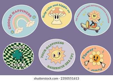 Set of 70s groovy element vector. Collection of cartoon characters, doodle smile face mushroom,sun,flower,rainbow,lucky clover. Cute retro groovy hippie design for decorative, sticker. Vector 