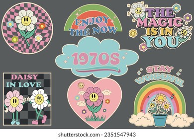 Set of 70s groovy element vector. Collection of cartoon characters, doodle smile face flowers,sun,rainbow,heart and stars. Cute retro groovy hippie design for decorative, sticker. Vector